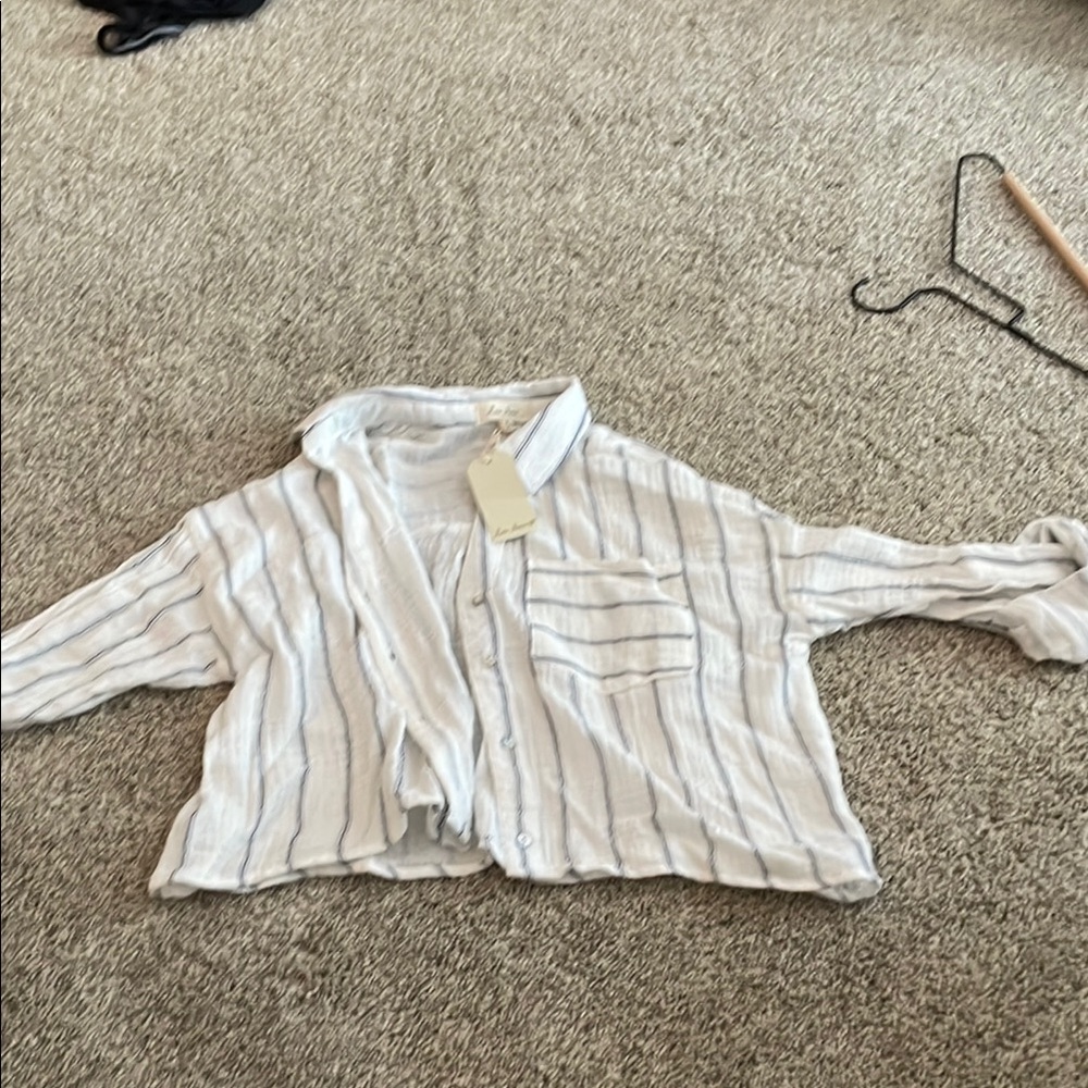 White and Blue Button Down Shirt with Collar beach cover up